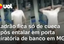 Veja Vídeo – Ladrão entala em porta giratória e fica de cueca em invasão a banco em Minas Gerais; veja
