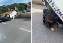 Viatura da Polícia Militar capota na Ponte Nova e causa susto a motoristas