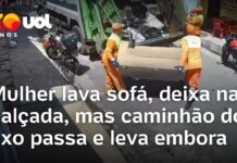 Veja Vídeo – Mulher lava sofá, deixa na calçada, mas caminhão do lixo passa e leva embora; veja