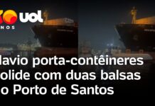 Veja Vídeo – Navio porta-contêineres bate em duas balsas no Porto de Santos e tripulantes saltam no mar